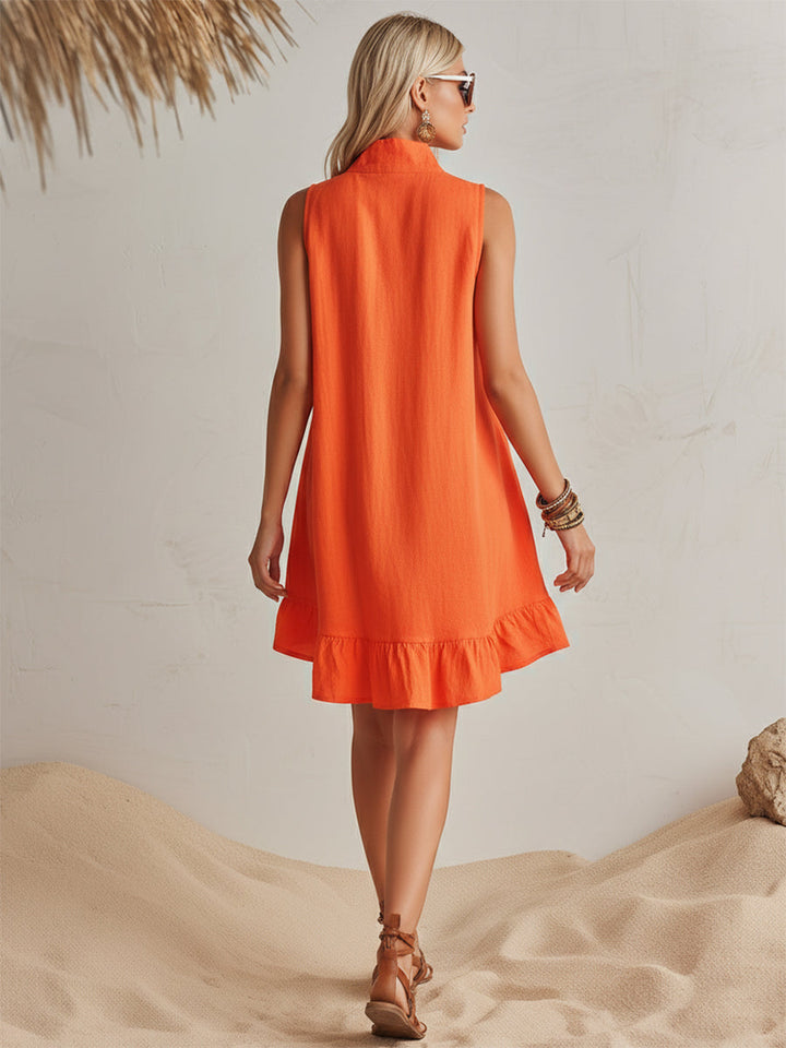 Vibrant Resort Orange Cotton Linen Half-Zip Stand Collar Ruffled Hem Mini Dress