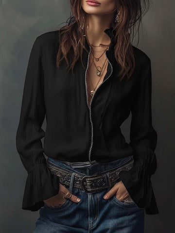 White Zip-Front Blouse With Flounce Cuffs