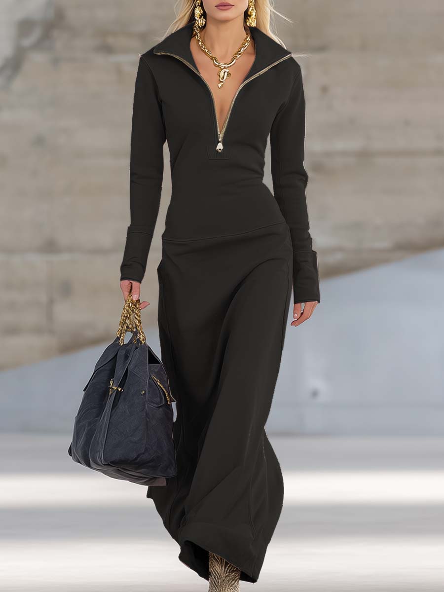 Linsay Sporty V-Neck Zip Maxi Dress
