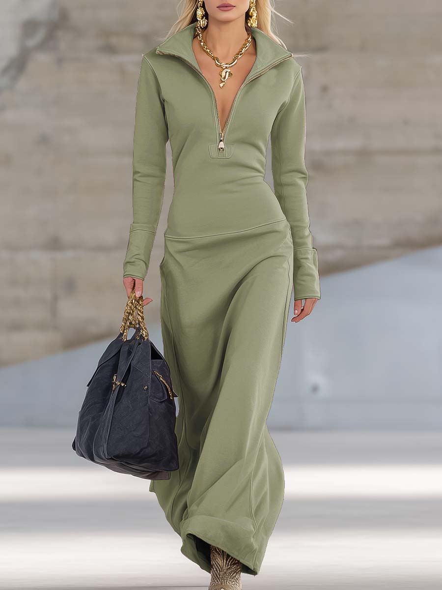 Linsay Sporty V-Neck Zip Maxi Dress