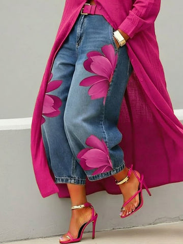Women's Artistic Red Blossom Comfort Wide Leg Jeans