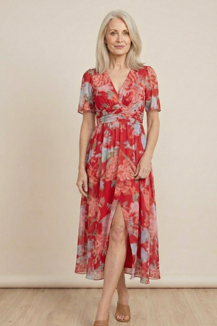 Floral Chiffon Midi Dress – Boho Spring