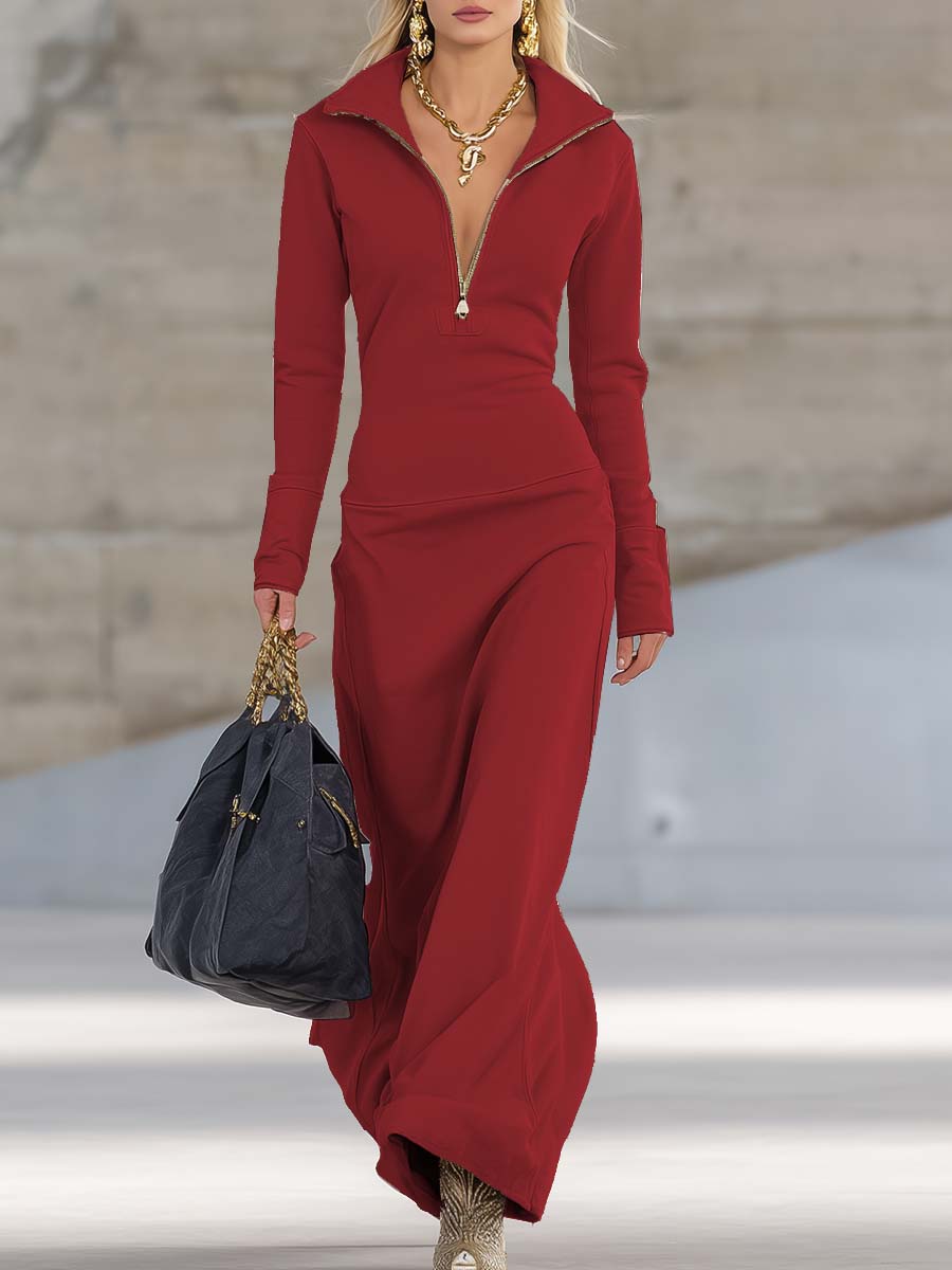 Linsay Sporty V-Neck Zip Maxi Dress