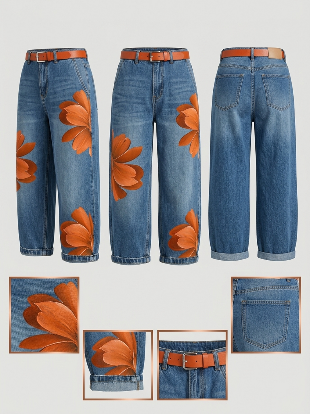 Women's Artistic Red Blossom Comfort Wide Leg Jeans