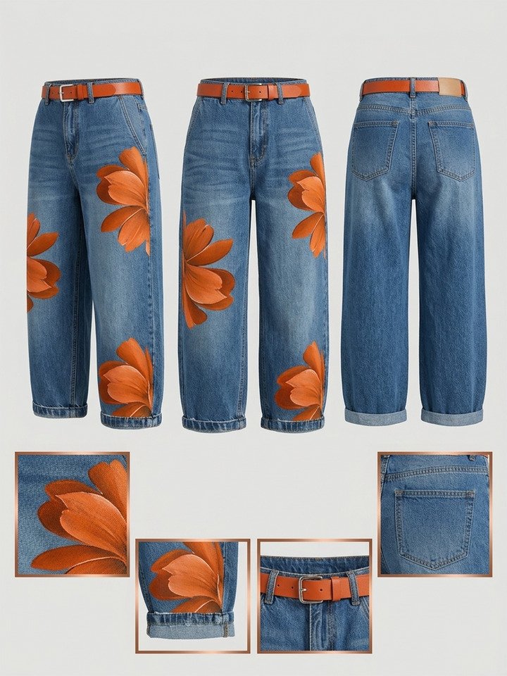 Women's Artistic Red Blossom Comfort Wide Leg Jeans