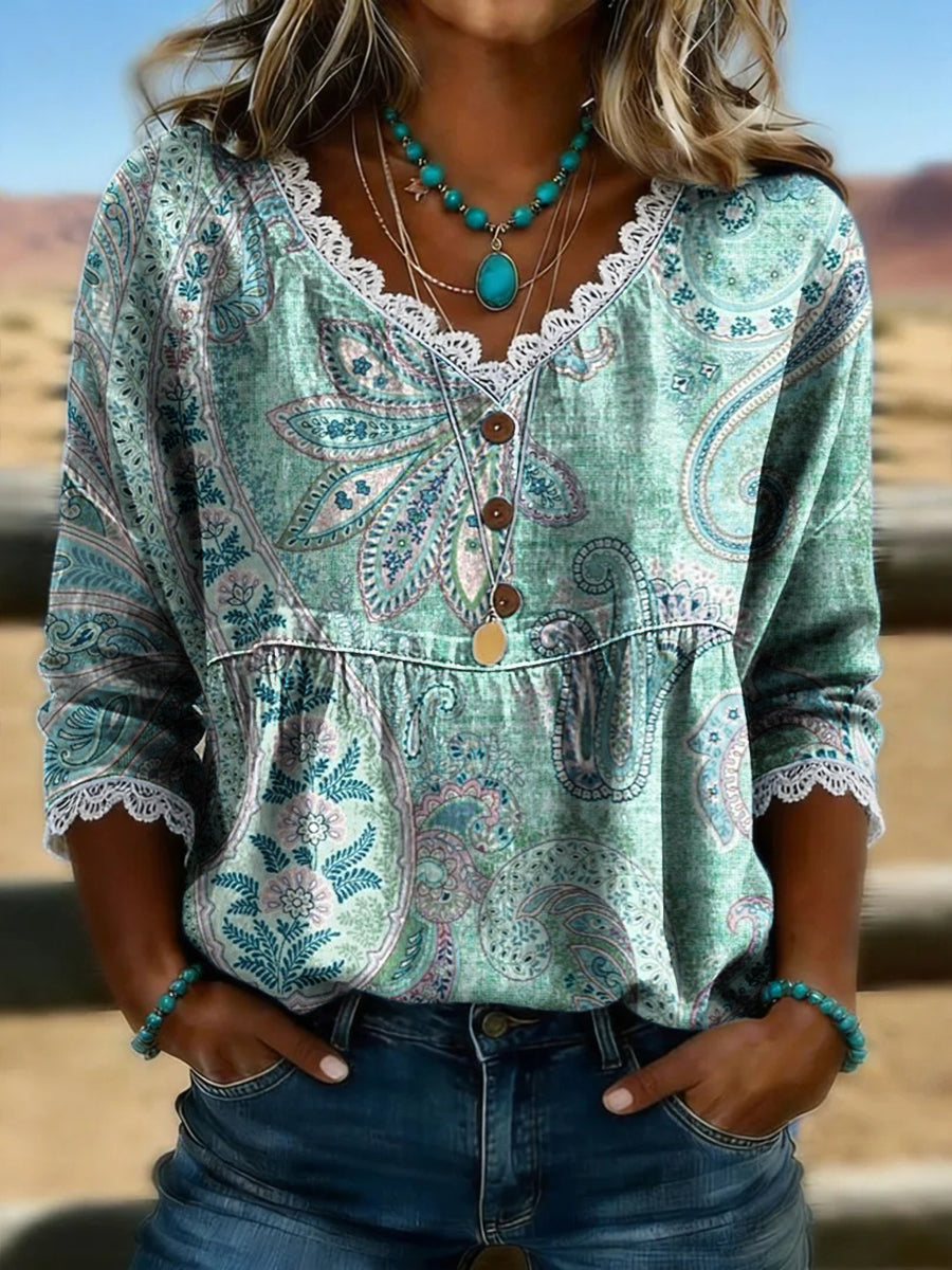 Women's Vintage Floral Print Casual Hollow-Out Denim Shirt