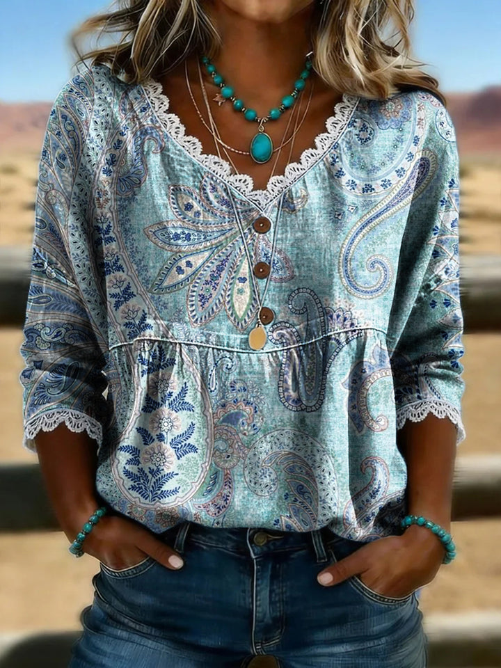 Women's Vintage Floral Print Casual Hollow-Out Denim Shirt