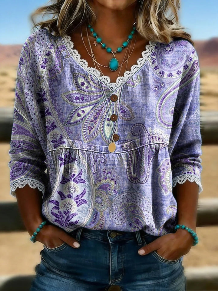 Women's Vintage Floral Print Casual Hollow-Out Denim Shirt