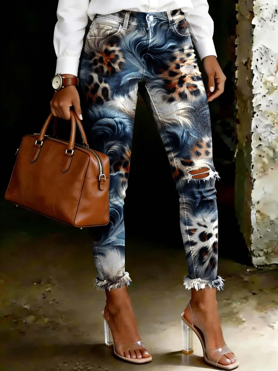 Women's Colorful Floral And Leopard Print Patchwork Art Ripped Skinny Jeans