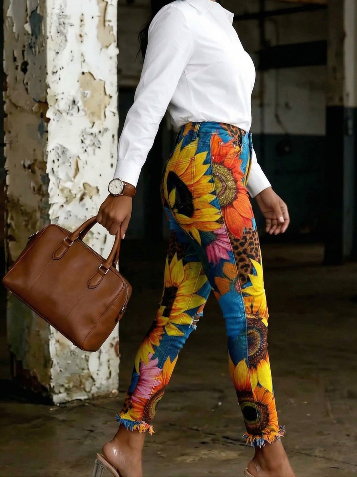 Women's Colorful Floral And Leopard Print Patchwork Art Ripped Skinny Jeans