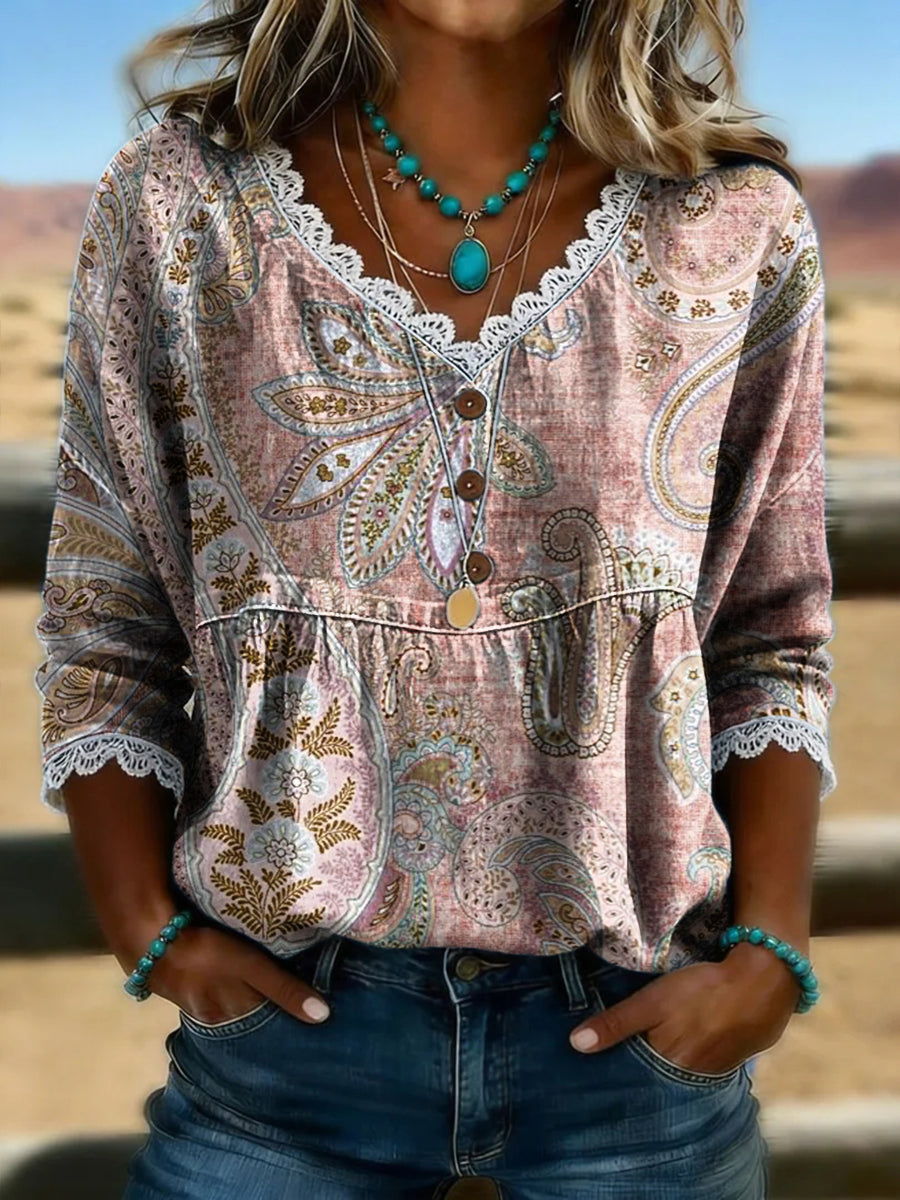 Women's Vintage Floral Print Casual Hollow-Out Denim Shirt