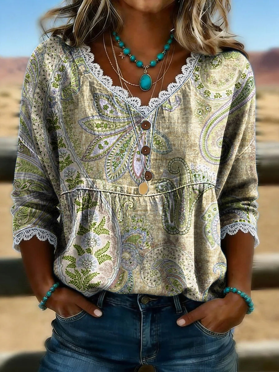Women's Vintage Floral Print Casual Hollow-Out Denim Shirt