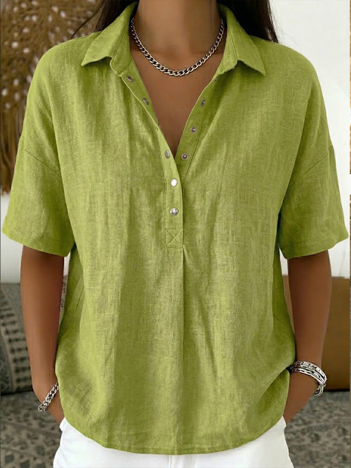 Vintage-Inspired Cotton-Linen Polo Shirt - Soft Textured Casual Top