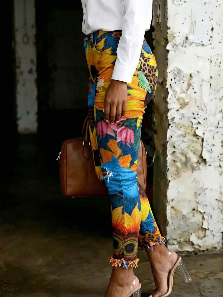 Women's Colorful Floral And Leopard Print Patchwork Art Ripped Skinny Jeans