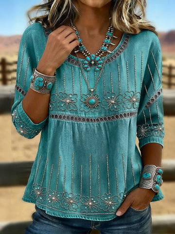 Floral Art Print Casual Cotton And Linen Shirt