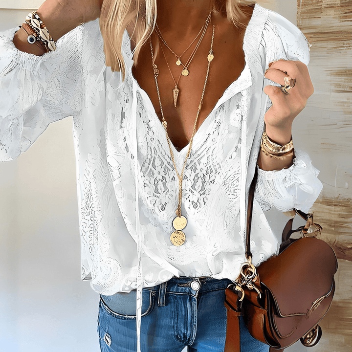 Lace Embroidered Peasant Blouse | Lightweight Cotton Blend | Boho-Inspired V-Neck