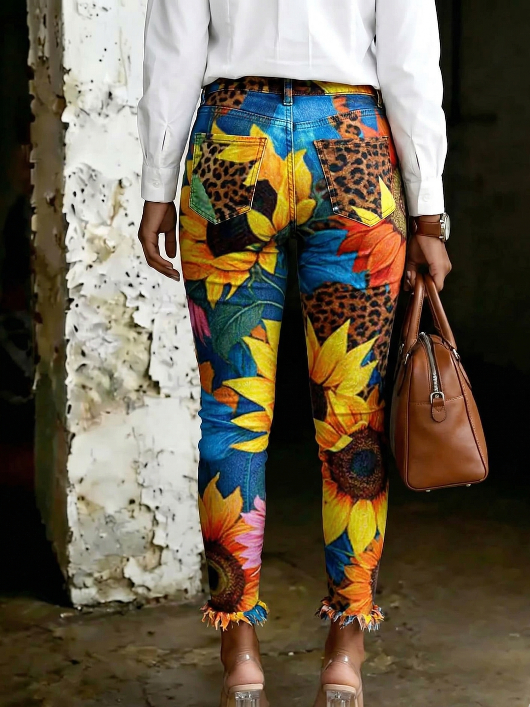 Women's Colorful Floral And Leopard Print Patchwork Art Ripped Skinny Jeans