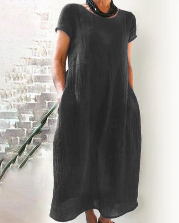 Short Sleeve Linen Midi Dress | Relaxed Fit Summer Essential with Pockets