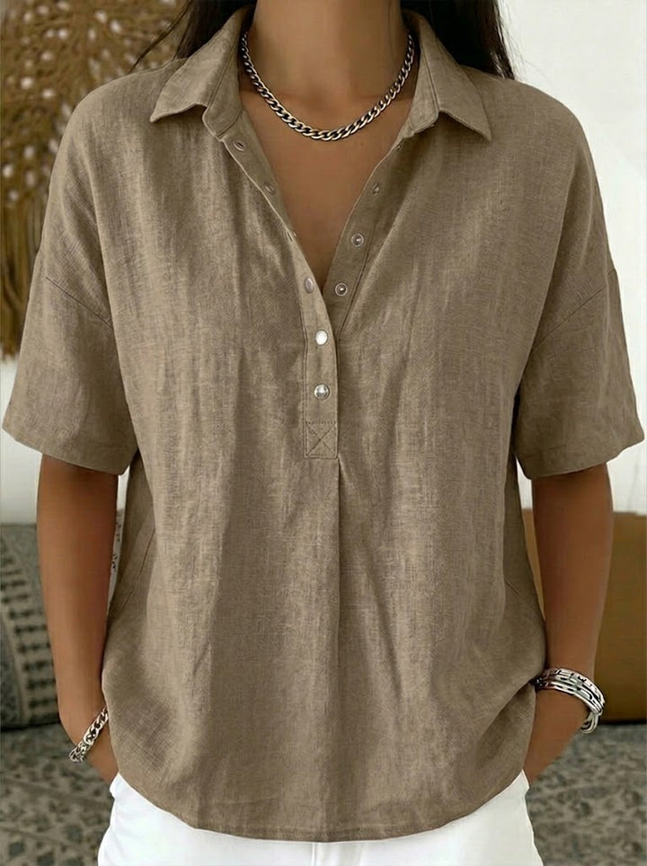 Vintage-Inspired Cotton-Linen Polo Shirt - Soft Textured Casual Top
