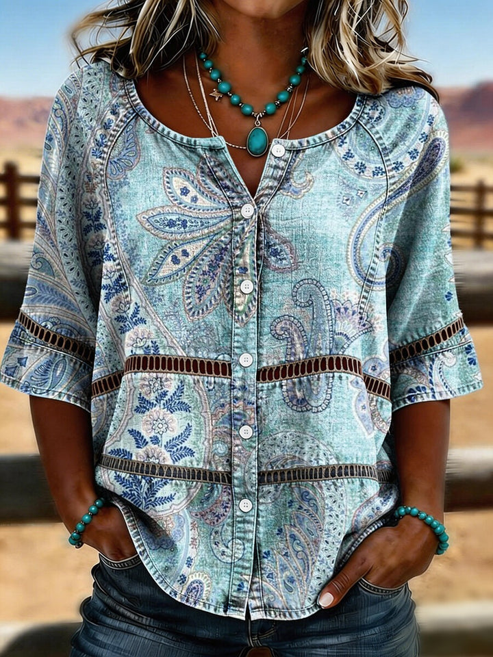 Women's Vintage Floral Print Casual Hollow-Out Denim Shirt
