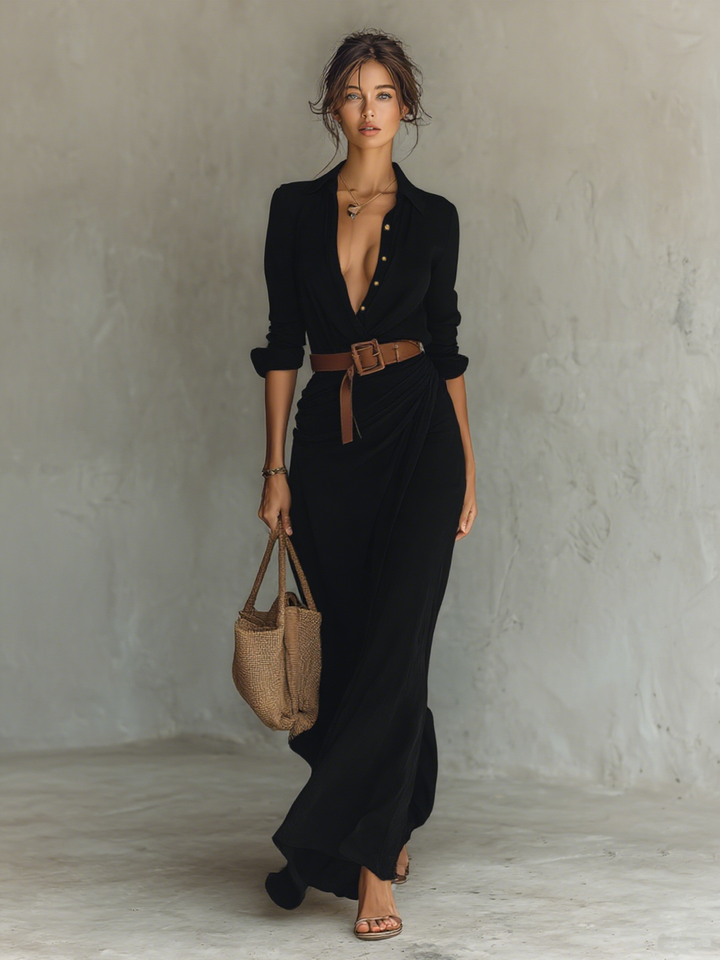 Ladies Lapel Belted Maxi Dress