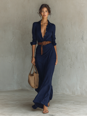 Ladies Lapel Belted Maxi Dress