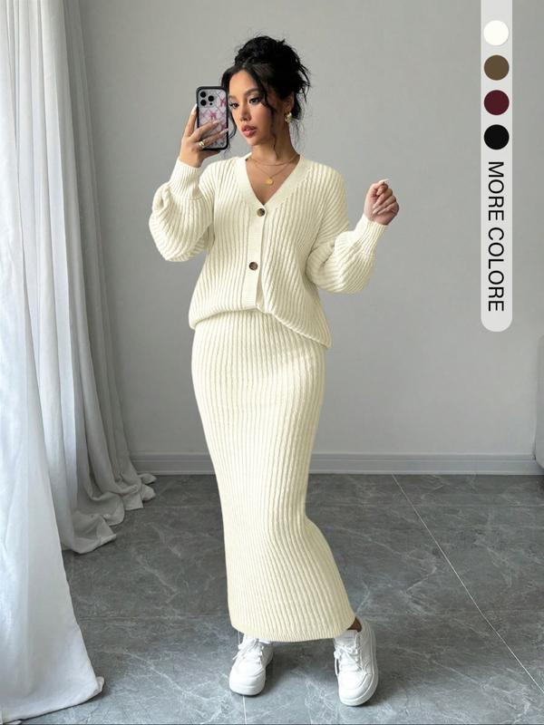 LEA™ - Solid Button Front Sweater & Long Skirt Knit Set