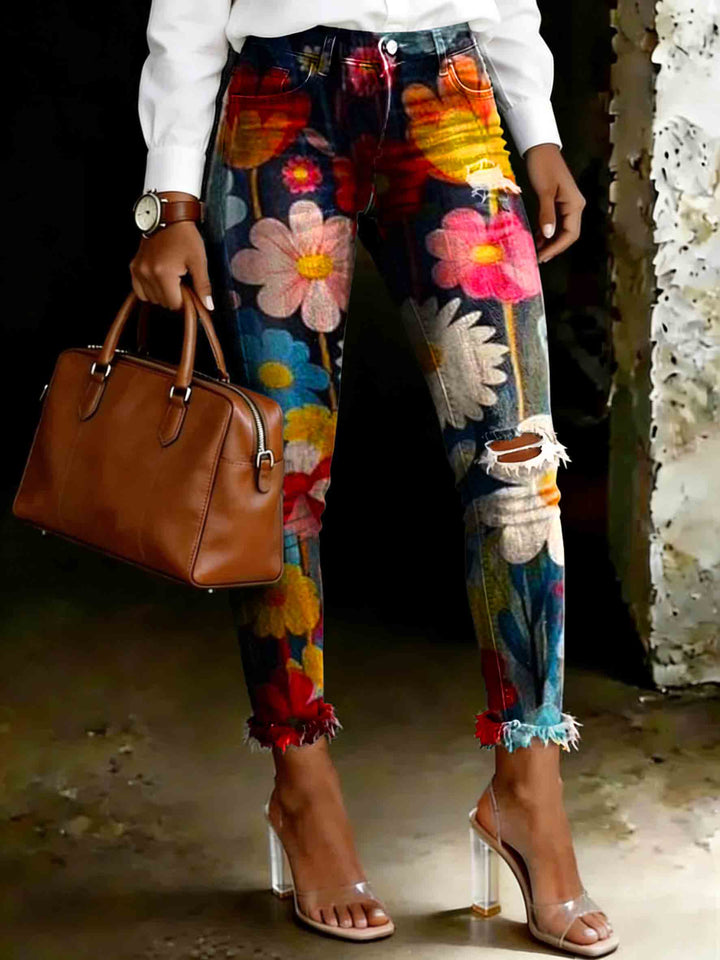 Women's Colorful Floral And Leopard Print Patchwork Art Ripped Skinny Jeans