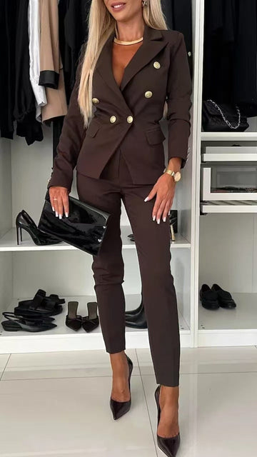 PENNIE™ - Classy Collar Blazer and Flared Pants Set