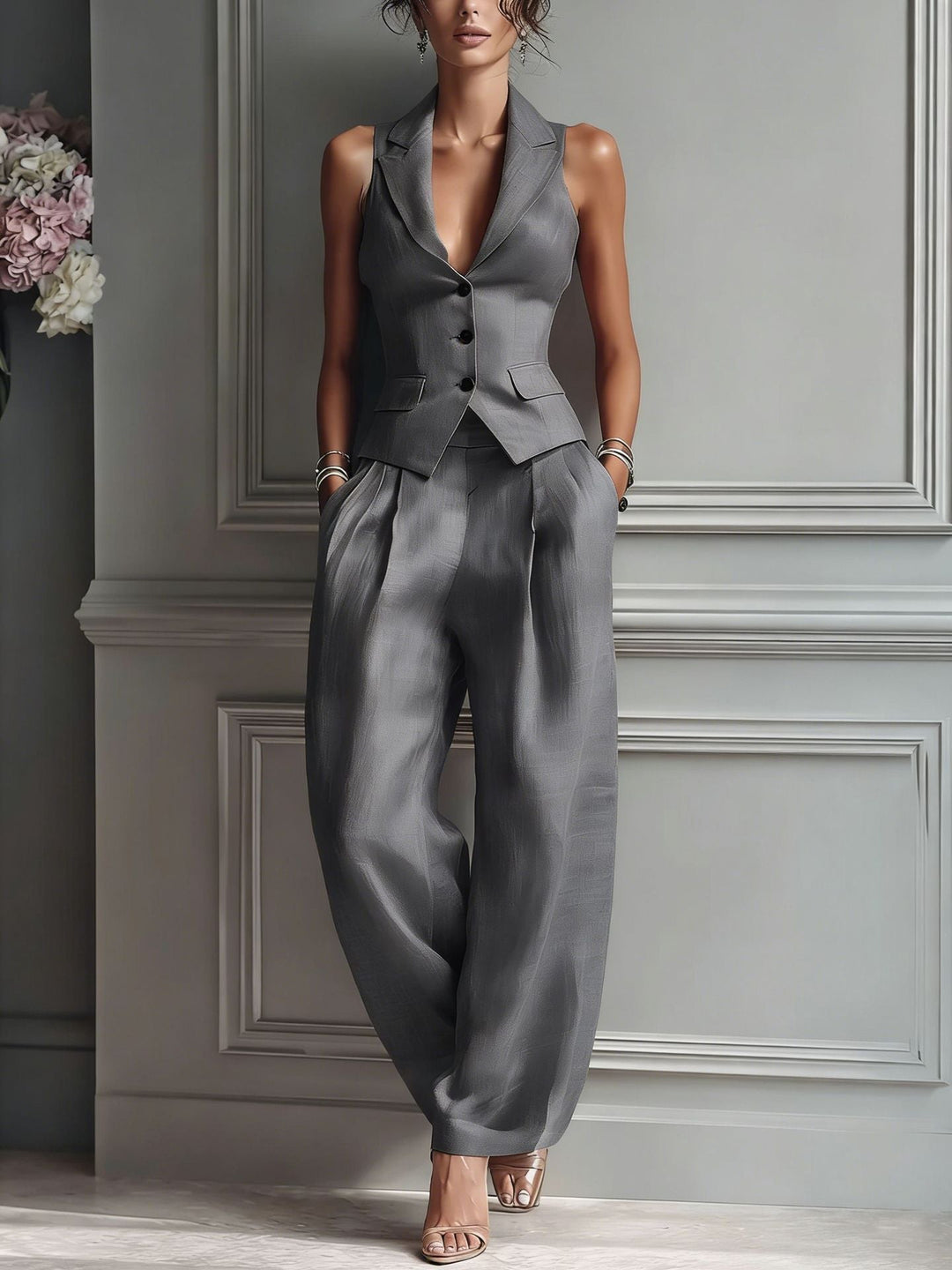 Women’s Two-Piece Set with V-Neck and Buttons