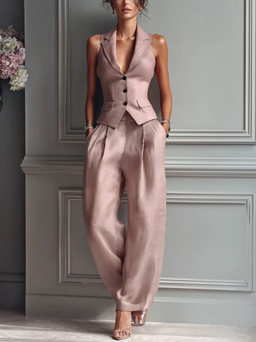 Women’s Two-Piece Set with V-Neck and Buttons