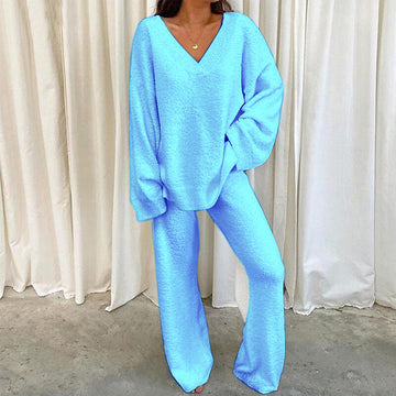 MULANA™ - Chic V-Neck Top and Wide Leg Pants Set