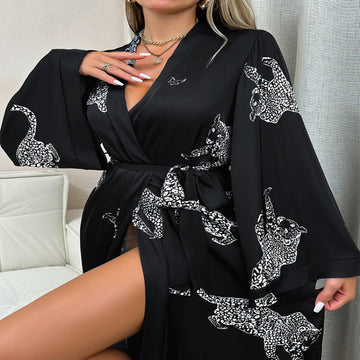 TAYLOR™ - Satin Leopard Print Belted Kimono Robe