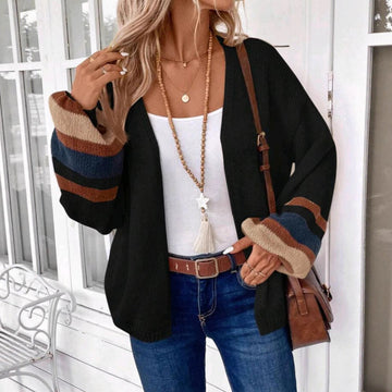 JANTHE™ - Comfy Open Front Striped Lantern Sleeve Cardigan