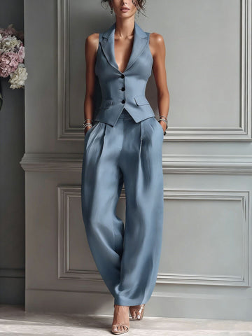 Women’s Two-Piece Set with V-Neck and Buttons