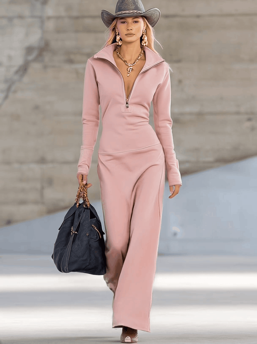 Linsay Sporty V-Neck Zip Maxi Dress