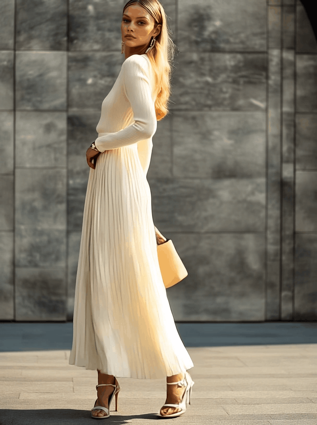 Cream Satin Knit Maxi Dress