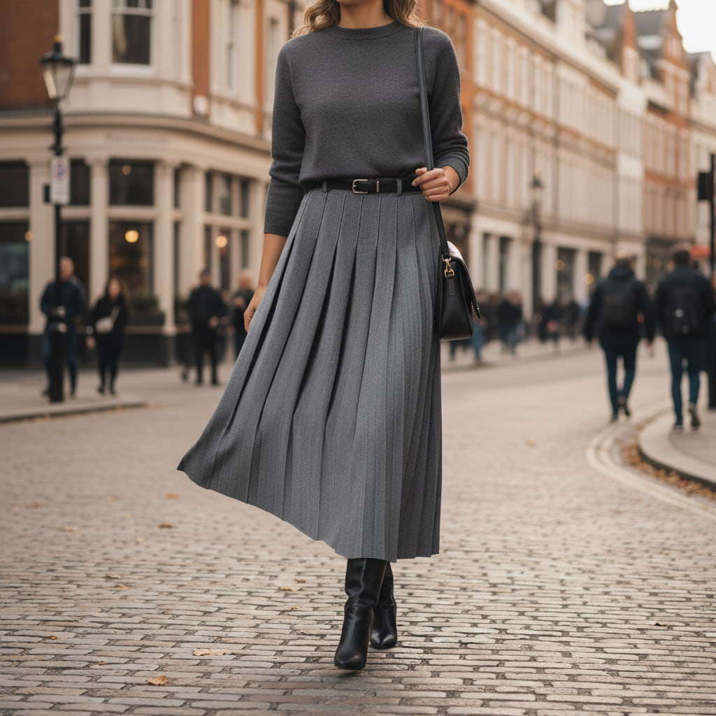 Women's Pleated Midi Skirt - High-Waist A-Line with Belt