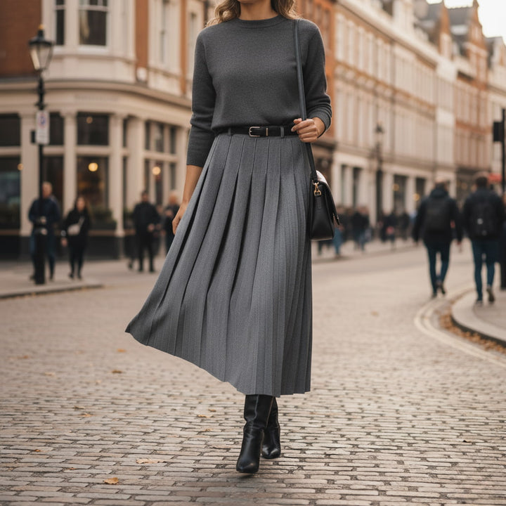 Women's Pleated Midi Skirt - High-Waist A-Line with Belt