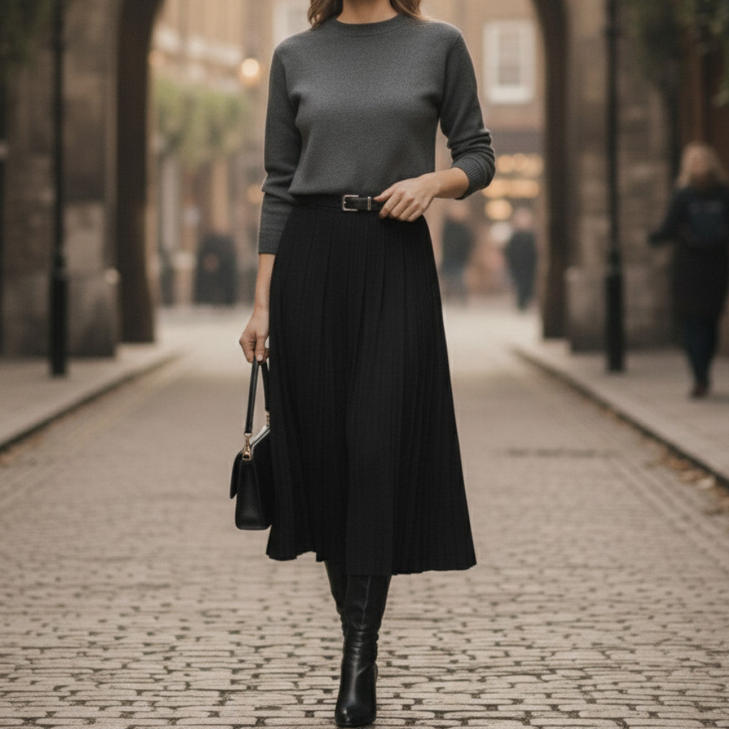 Women's Pleated Midi Skirt - High-Waist A-Line with Belt