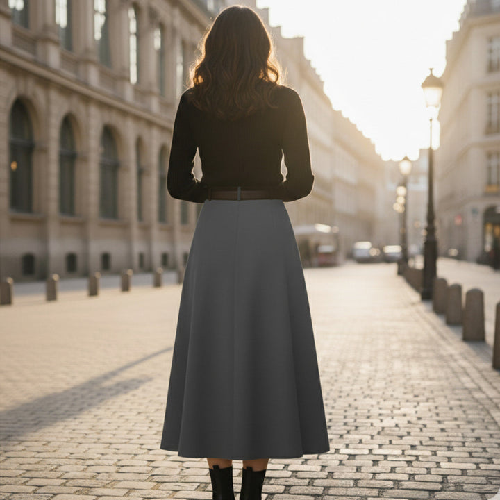 Women's Pleated Midi Skirt - High-Waist A-Line with Belt