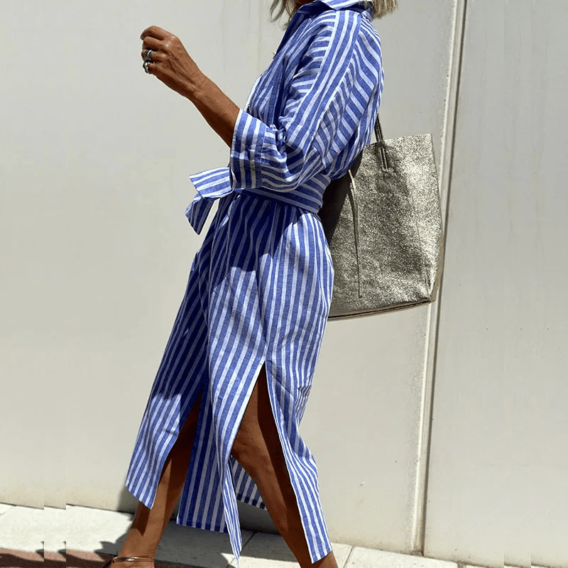 Relaxed Striped Shirt Dress | Button-Down with Side Slits and Roll Sleeves