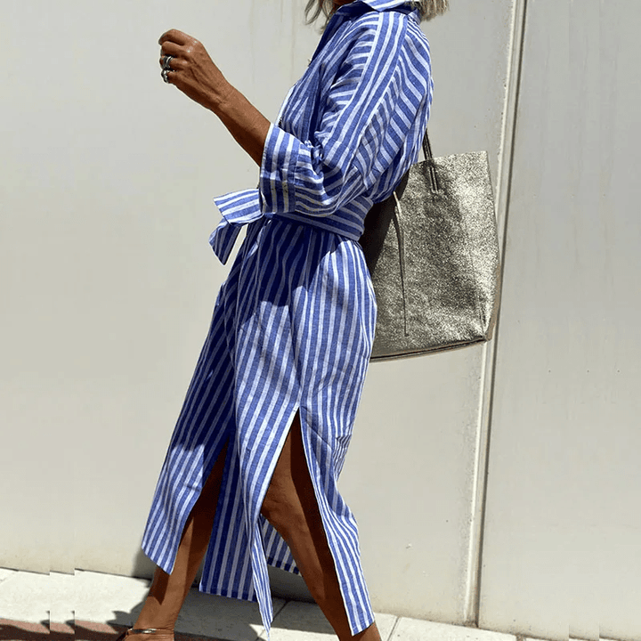 Relaxed Striped Shirt Dress | Button-Down with Side Slits and Roll Sleeves