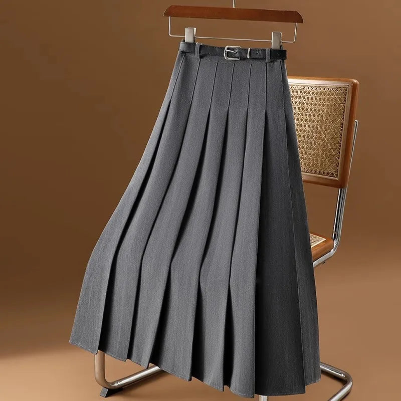 Women's Pleated Midi Skirt - High-Waist A-Line with Belt