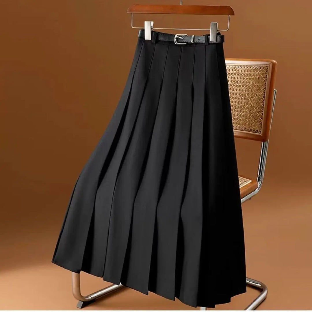 Women's Pleated Midi Skirt - High-Waist A-Line with Belt
