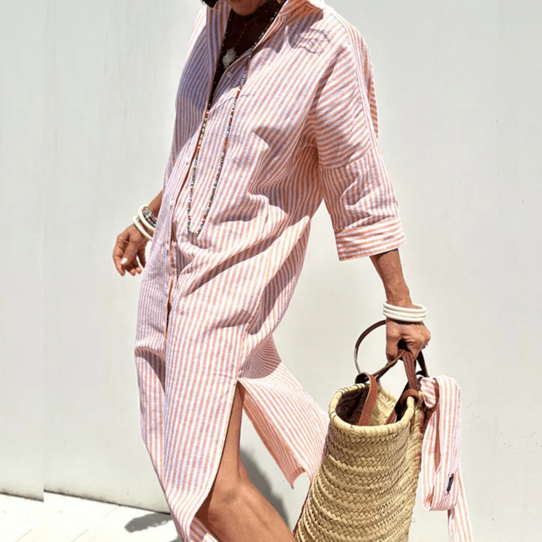 Relaxed Striped Shirt Dress | Button-Down with Side Slits and Roll Sleeves
