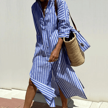 Relaxed Striped Shirt Dress | Button-Down with Side Slits and Roll Sleeves