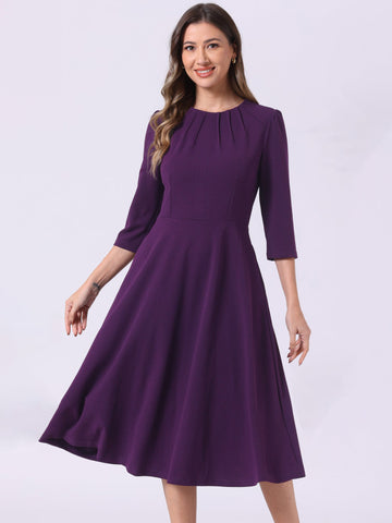 3/4 Sleeve Pleated Round Neck Pocketed A-Line Swing Midi Dress