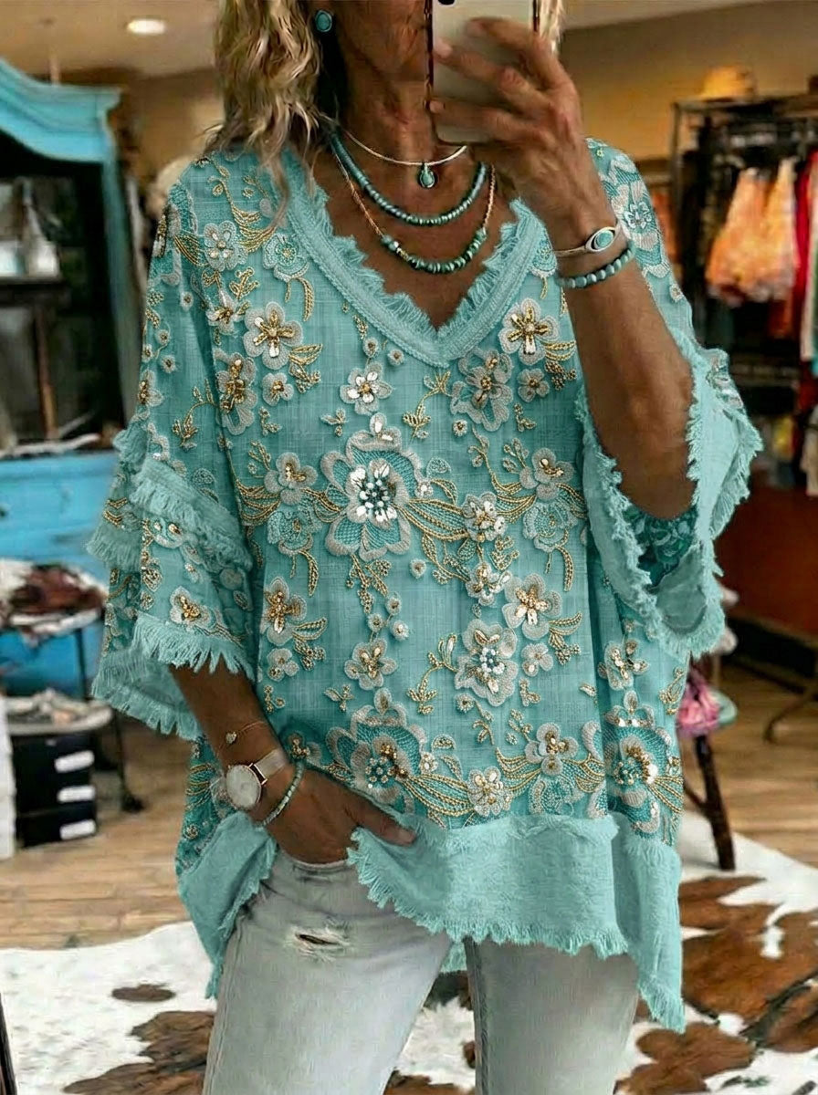 Vintage Floral Print Patchwork Cotton And Linen Shirt