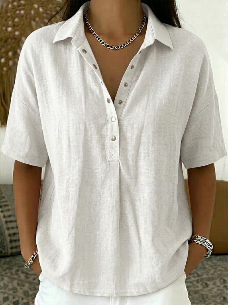 Vintage-Inspired Cotton-Linen Polo Shirt - Soft Textured Casual Top